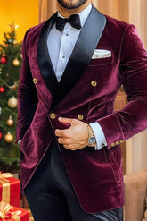 Vintage Velvet Patchwork Blazer Jacket For Men Double-Breasted With Four Buttons Standard Fit