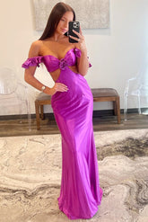Violet Prom Dress Flutter Sleeve Cutout Mermaid Fitted Gown Evening Dress