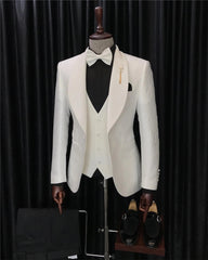White 3 Piece Shawl Lapel Jacquard Wedding Suit for Men
