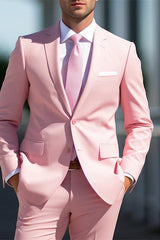 White And Pink Two-Piece Wedding Suit For Men Tailored Fit With Single Breast And Two Buttons