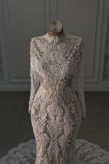 White Beach Wedding Dress Mermaid Lace High Neck Sleeves Chapel Train Bridal Gown