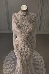 White Beach Wedding Dress Mermaid Lace High Neck Sleeves Chapel Train Bridal Gown