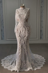 White Beach Wedding Dress Mermaid Lace High Neck Sleeves Chapel Train Bridal Gown