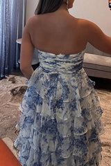 White Blue Floral Prom Dress Sweetheart A Line Tiered Ruffled Long Formal Dress With Bow