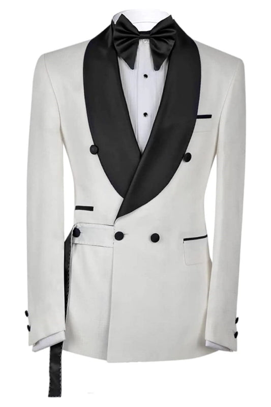 White Double Breasted Wedding Suit with Black Shawl Lapel