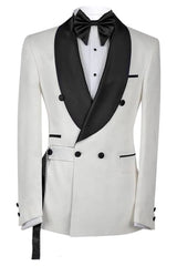 White Double Breasted Wedding Suit with Black Shawl Lapel