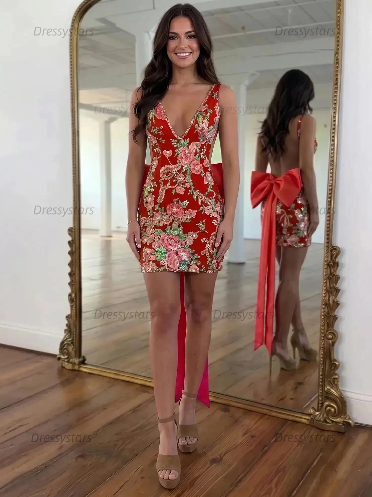 Dressystars White Floral Embroidered Deep V-Neck Homecoming Dress with Oversized Bow Train