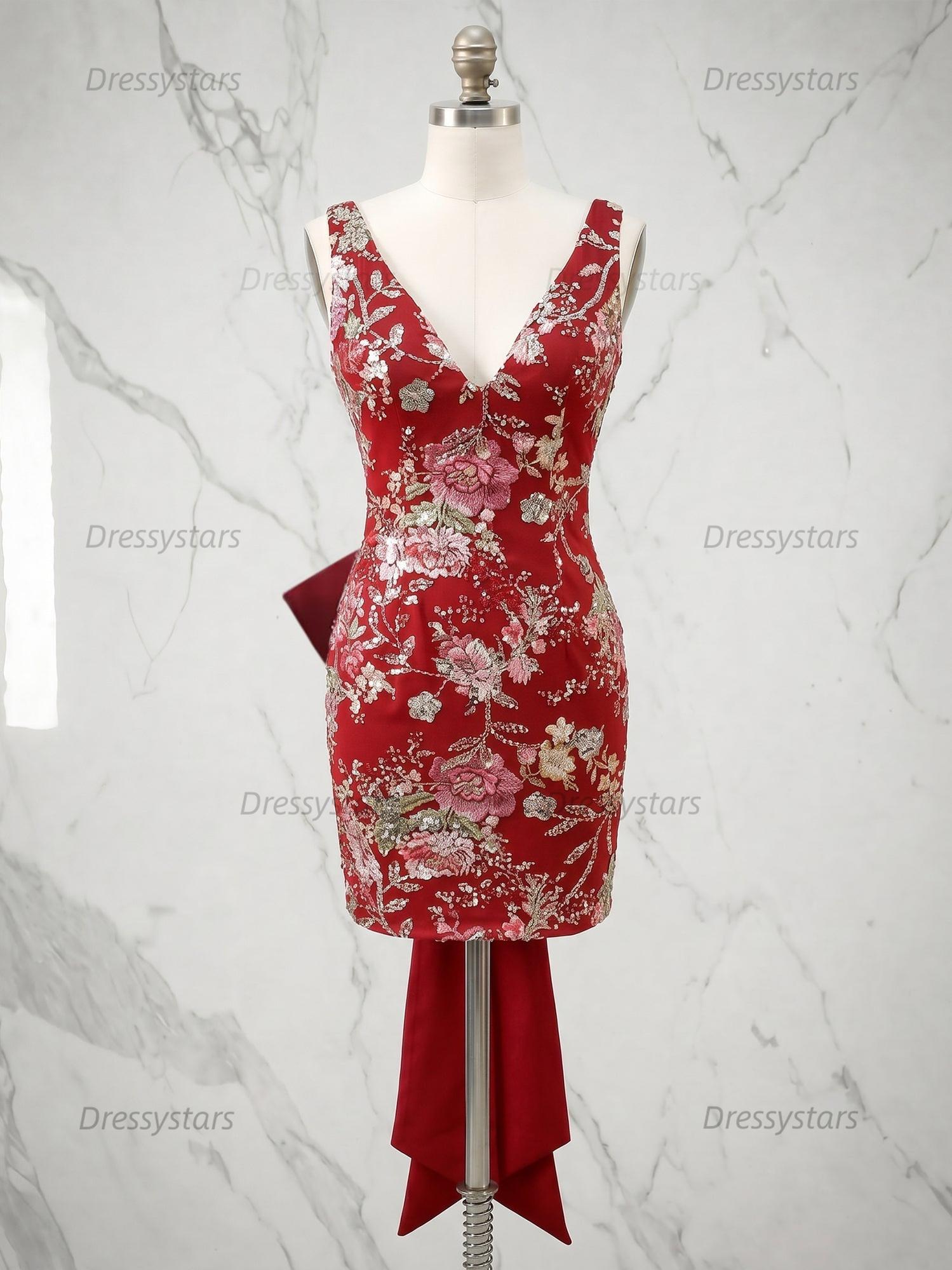Dressystars White Floral Embroidered Deep V-Neck Homecoming Dress with Oversized Bow Train