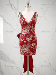 Dressystars White Floral Embroidered Deep V-Neck Homecoming Dress with Oversized Bow Train