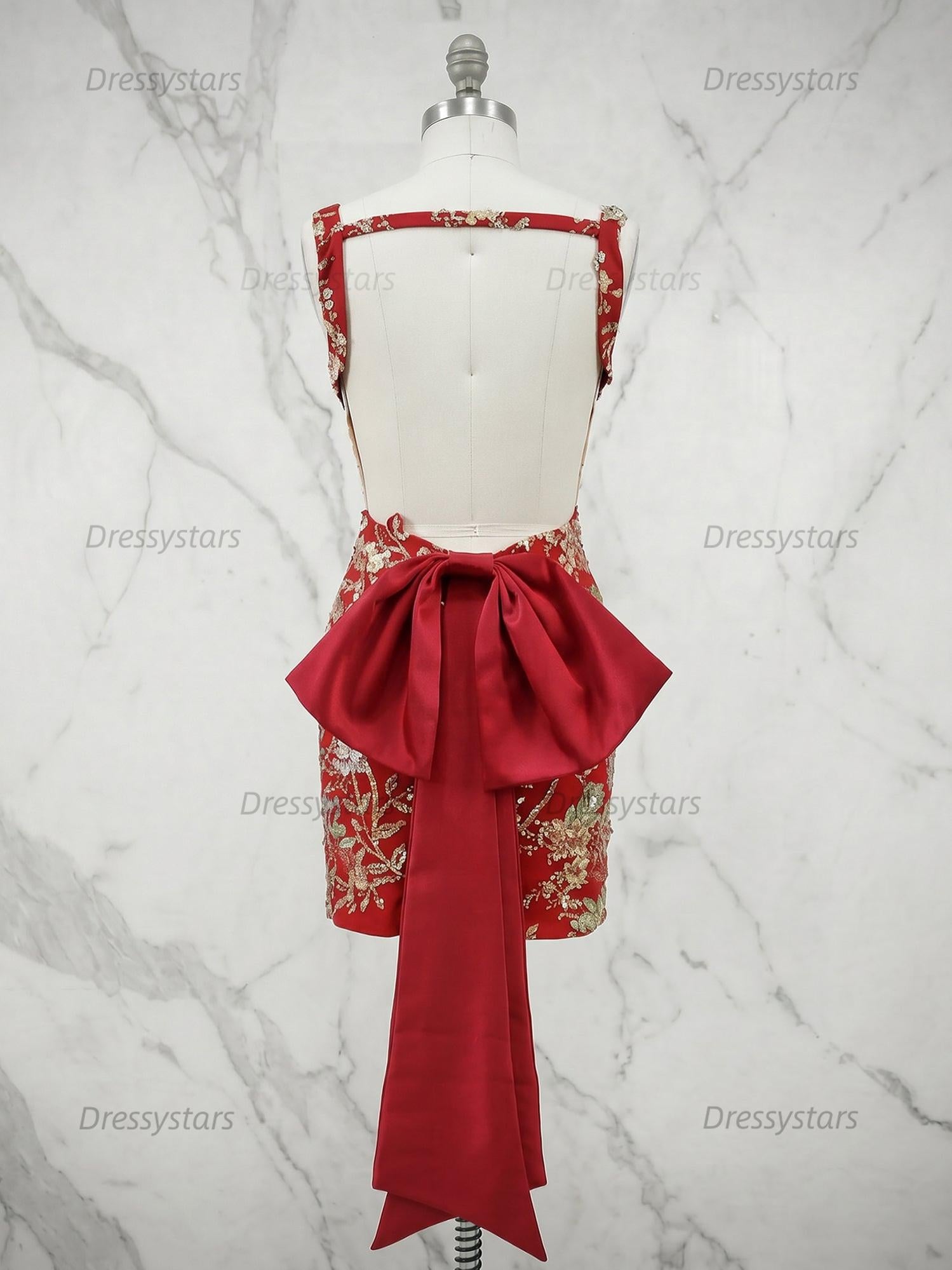 Dressystars White Floral Embroidered Deep V-Neck Homecoming Dress with Oversized Bow Train