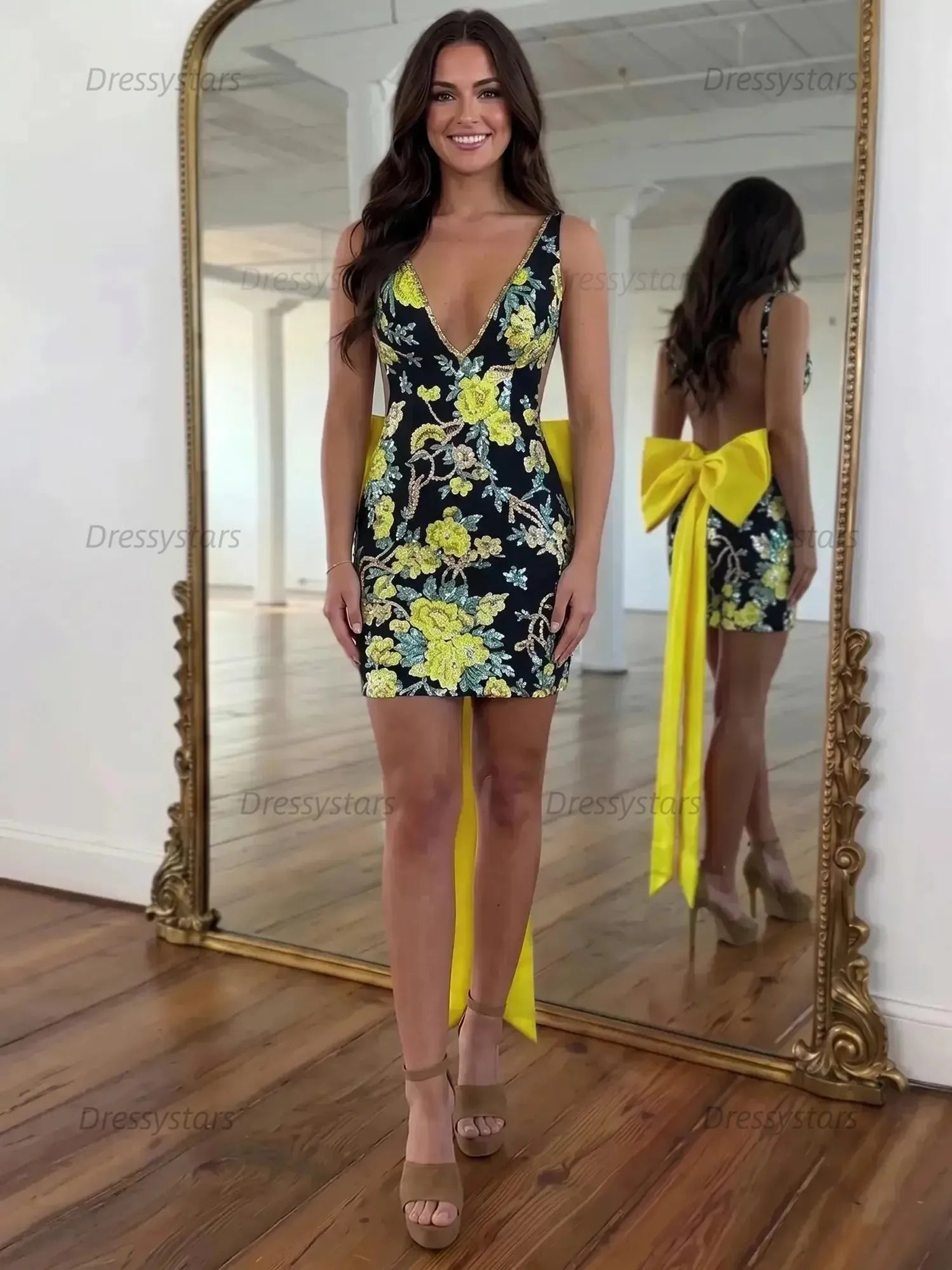 Dressystars White Floral Embroidered Deep V-Neck Homecoming Dress with Oversized Bow Train