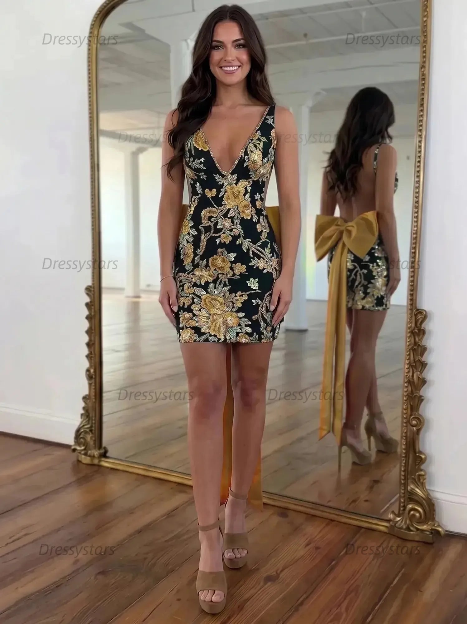 Dressystars White Floral Embroidered Deep V-Neck Homecoming Dress with Oversized Bow Train