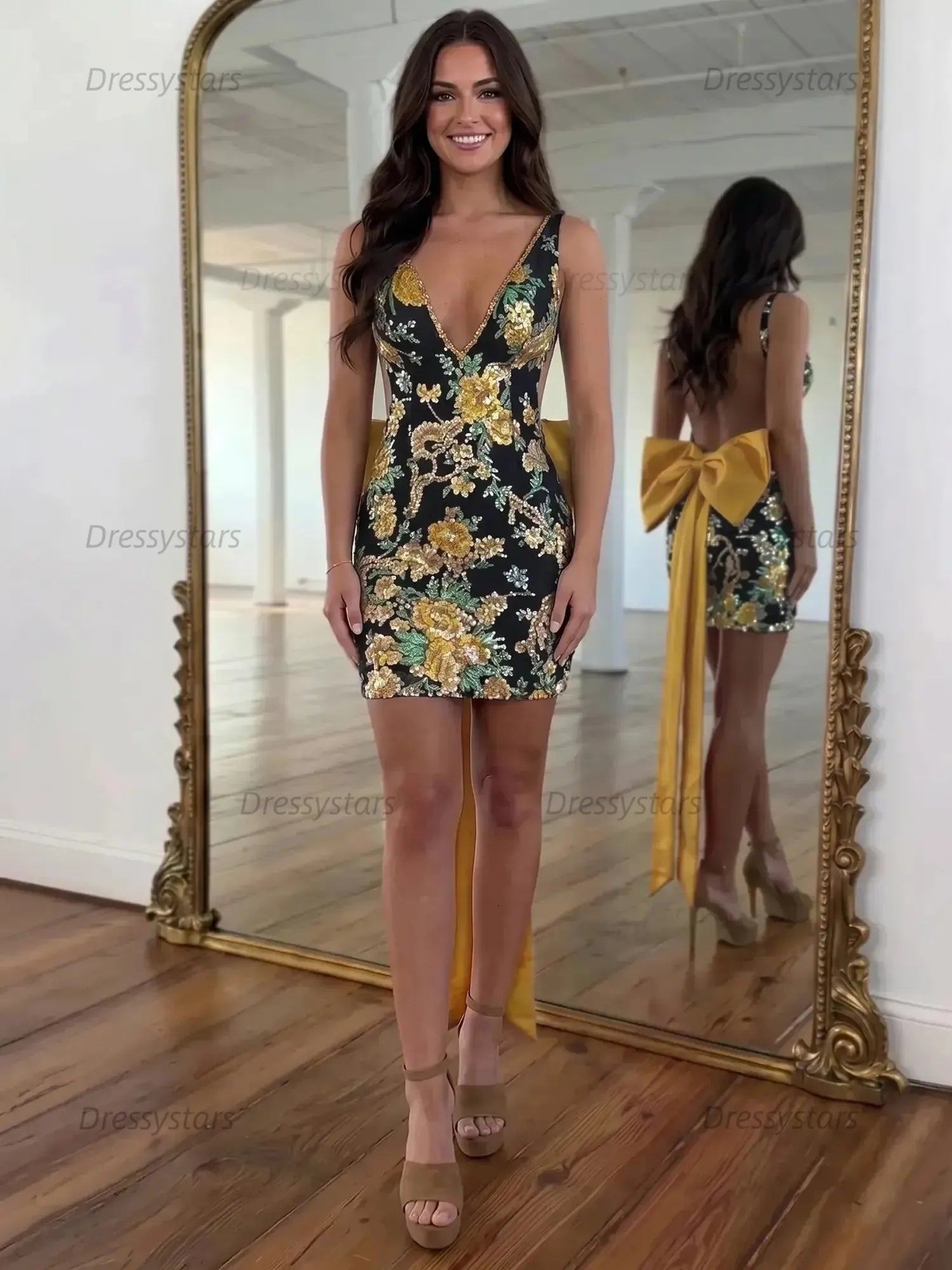 Dressystars White Floral Embroidered Deep V-Neck Homecoming Dress with Oversized Bow Train