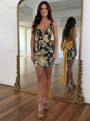 Dressystars White Floral Embroidered Deep V-Neck Homecoming Dress with Oversized Bow Train