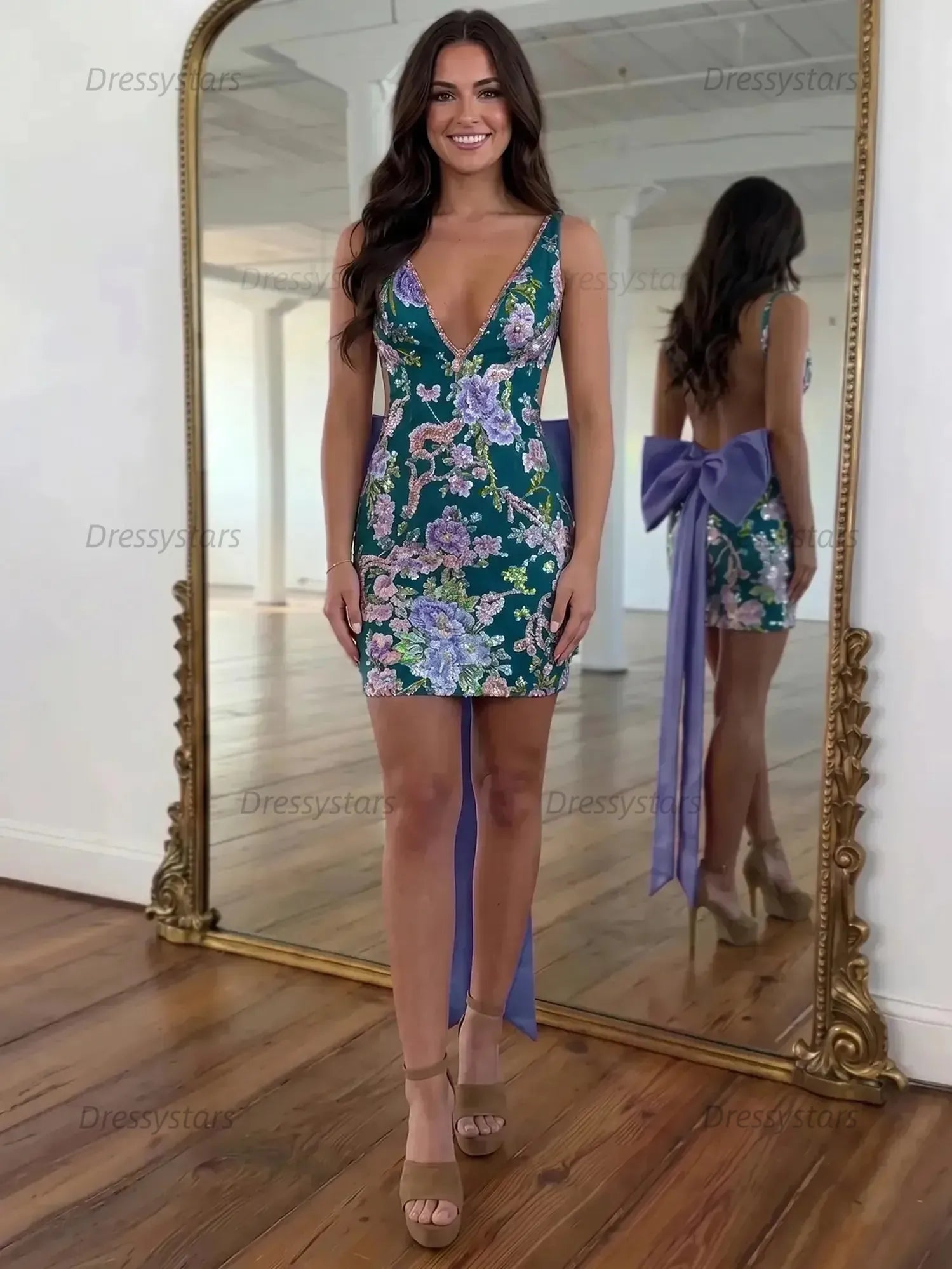Dressystars White Floral Embroidered Deep V-Neck Homecoming Dress with Oversized Bow Train