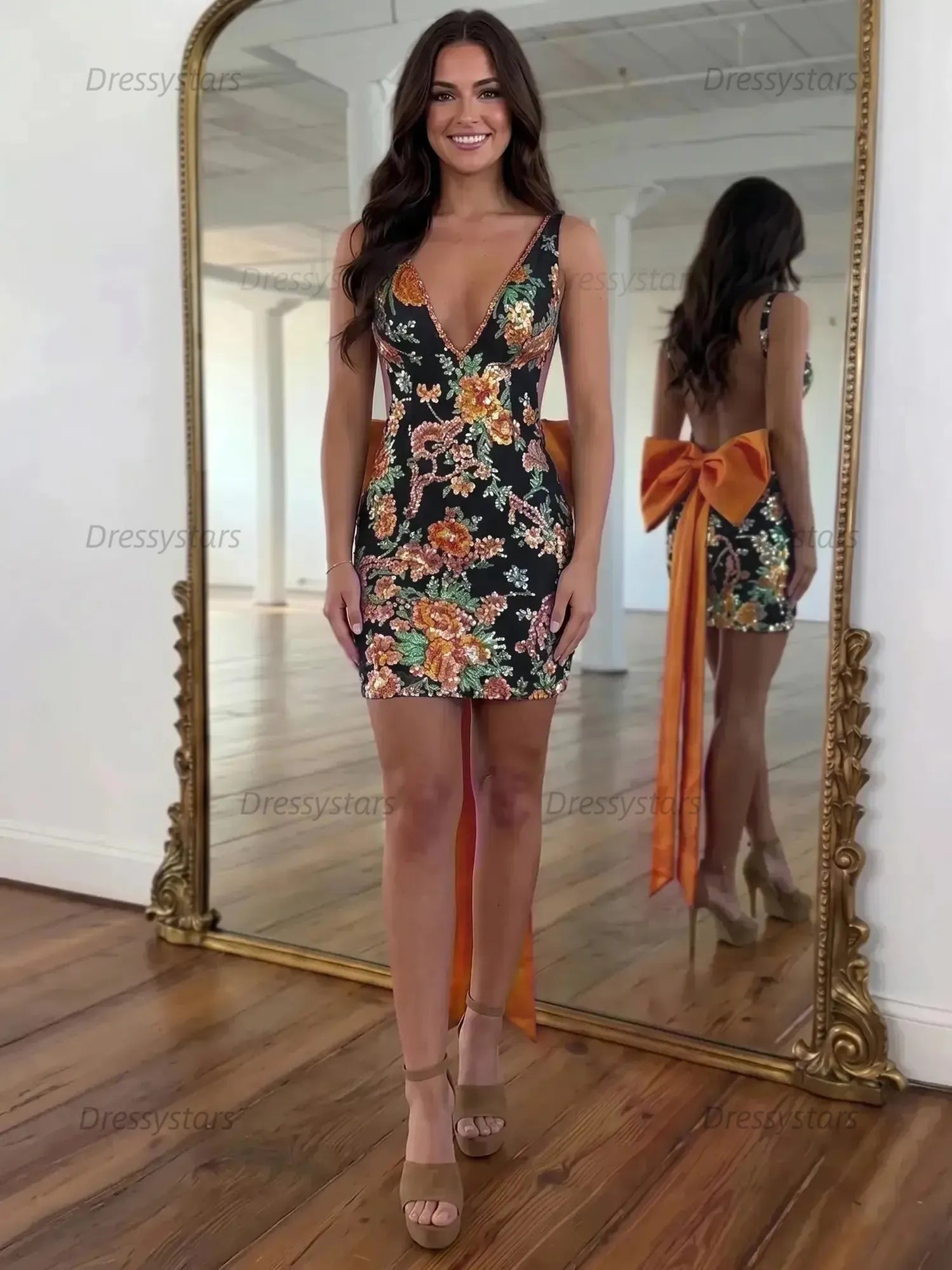 Dressystars White Floral Embroidered Deep V-Neck Homecoming Dress with Oversized Bow Train