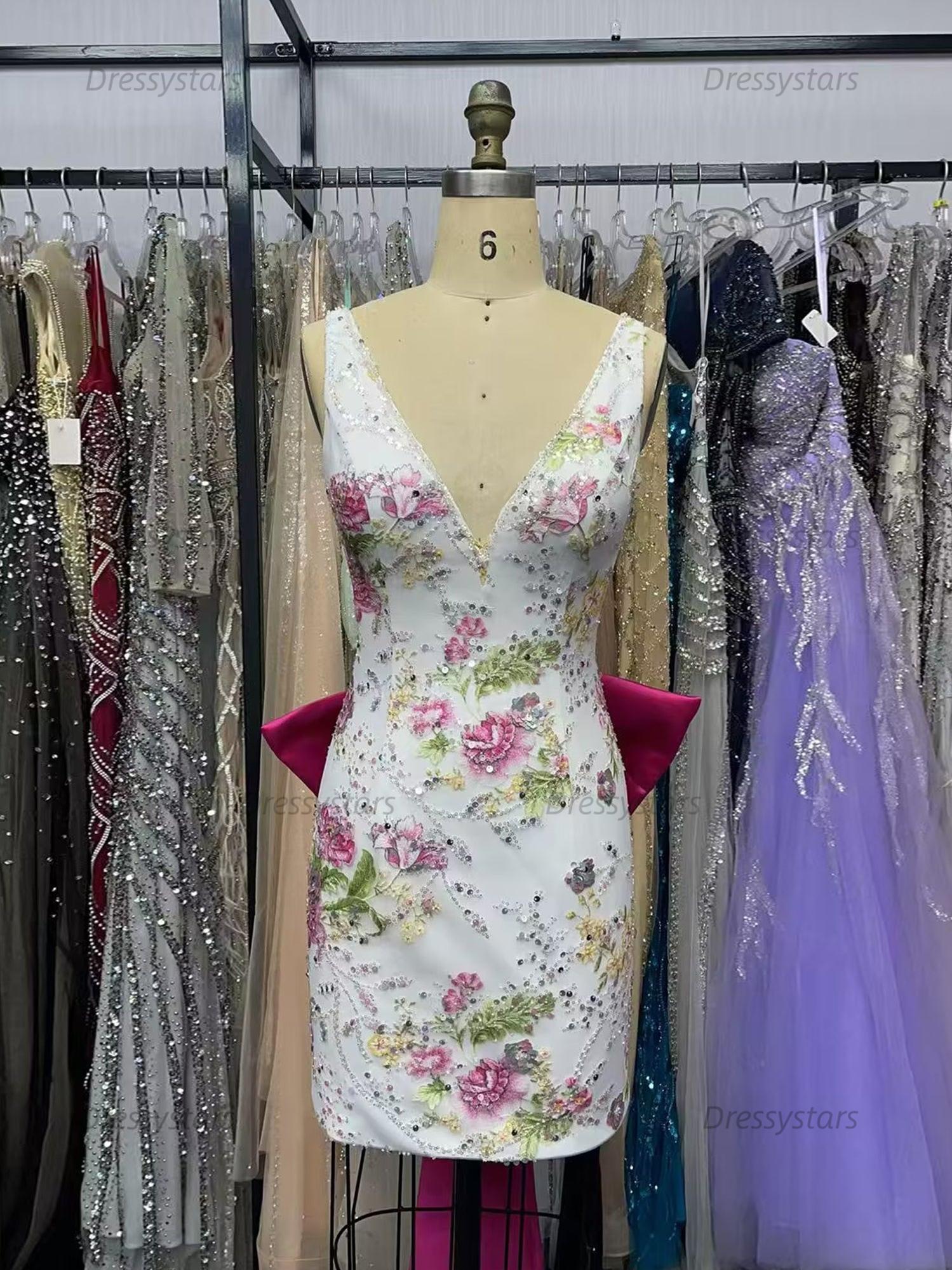 Dressystars White Floral Embroidered Deep V-Neck Homecoming Dress with Oversized Bow Train