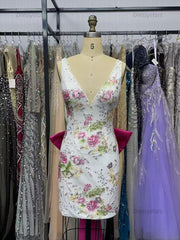 Dressystars White Floral Embroidered Deep V-Neck Homecoming Dress with Oversized Bow Train