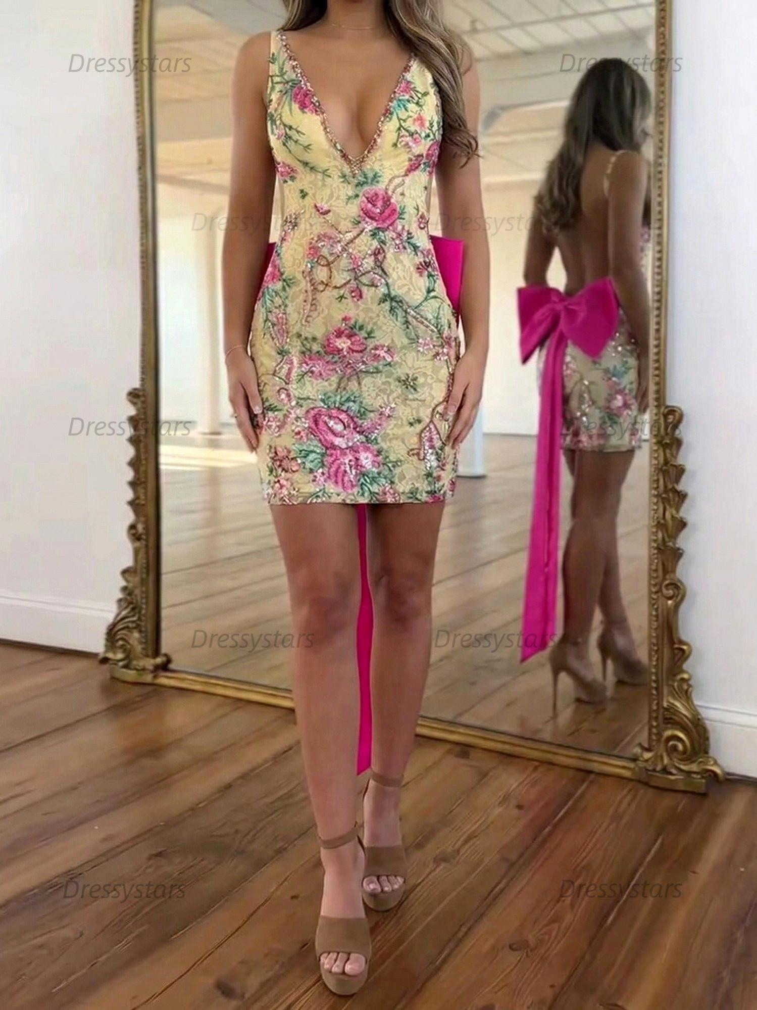Dressystars White Floral Embroidered Deep V-Neck Homecoming Dress with Oversized Bow Train