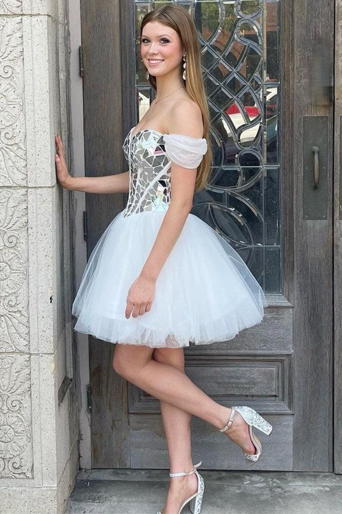 White Homecoming Dress Chic Off the Shoulder Style Party with Cut Glass Mirrors Short Party Cocktail Dress