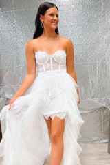 White Homecoming Dress Lace Corset High Low Corset Party Cocktail Dress