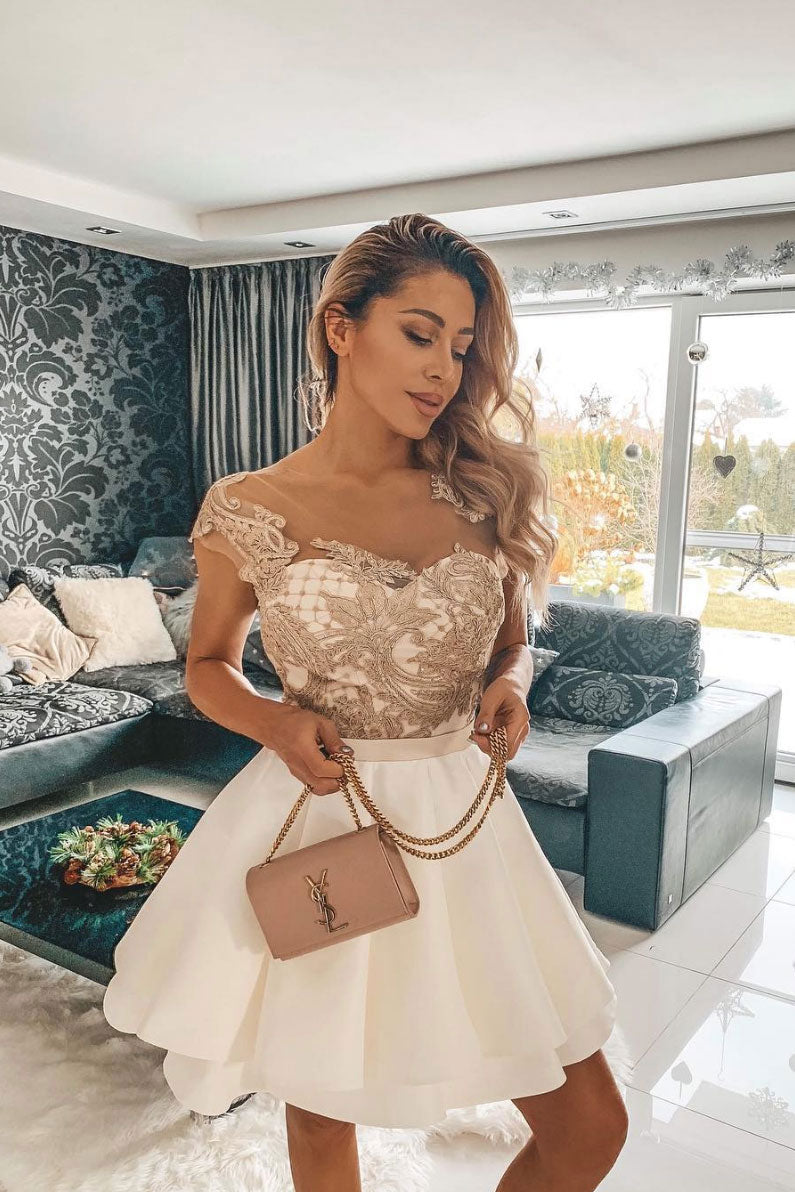 White Homecoming Dress Lace Short Party Cocktail Dress
