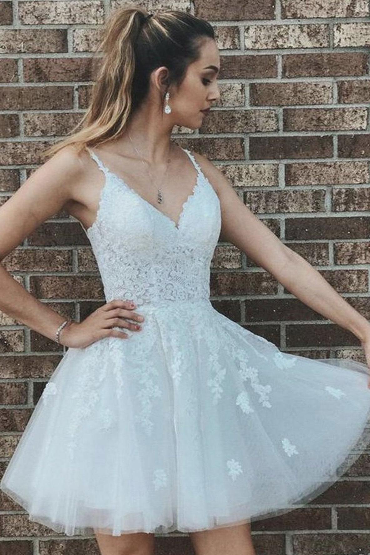 White Homecoming Dress Lace V Neck Tulle Short Party Cocktail Dress