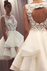 White Homecoming Dress Round Neck Lace Short Party Cocktail Dress