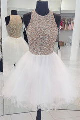 White Homecoming Dress Round Neck Tulle Sequin Short Party Cocktail Dress