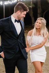 White Homecoming Dress Strapless Chic Feather Style Cropped Bodycon Short Party Cocktail Dress