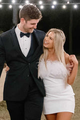 White Homecoming Dress Strapless Chic Feather Style Cropped Bodycon Short Party Cocktail Dress