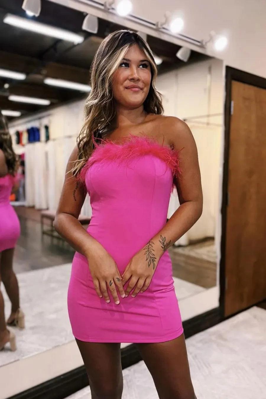 White Homecoming Dress Strapless Chic Feather Style Cropped Bodycon Short Party Cocktail Dress