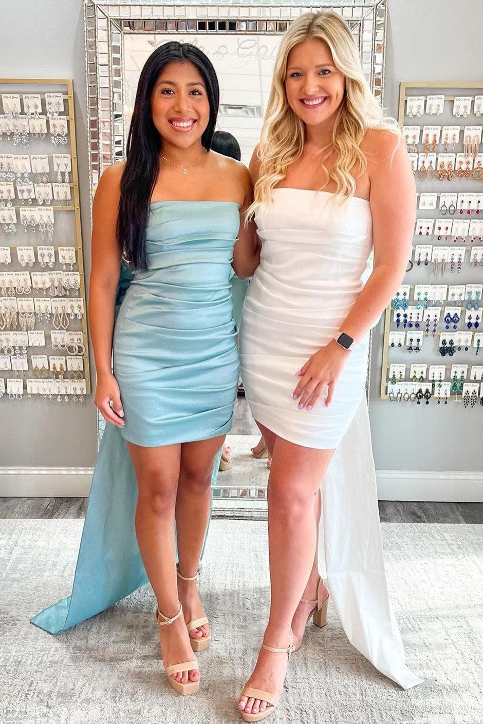 White Homecoming Dress Strapless bowknot Back Ruching Short Party Cocktail Dress