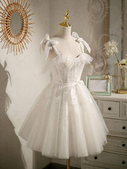 White Homecoming Dress Sweetheart Neck Tulle Lace Short Party Cocktail Dress