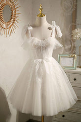 White Homecoming Dress Sweetheart Neck Tulle Lace Short Party Cocktail Dress