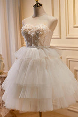 White Homecoming Dress Tulle 3D Floral Lace A Line Tiered Short Party Cocktail Dress