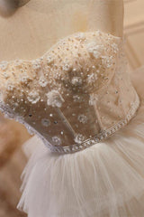 White Homecoming Dress Tulle 3D Floral Lace A Line Tiered Short Party Cocktail Dress