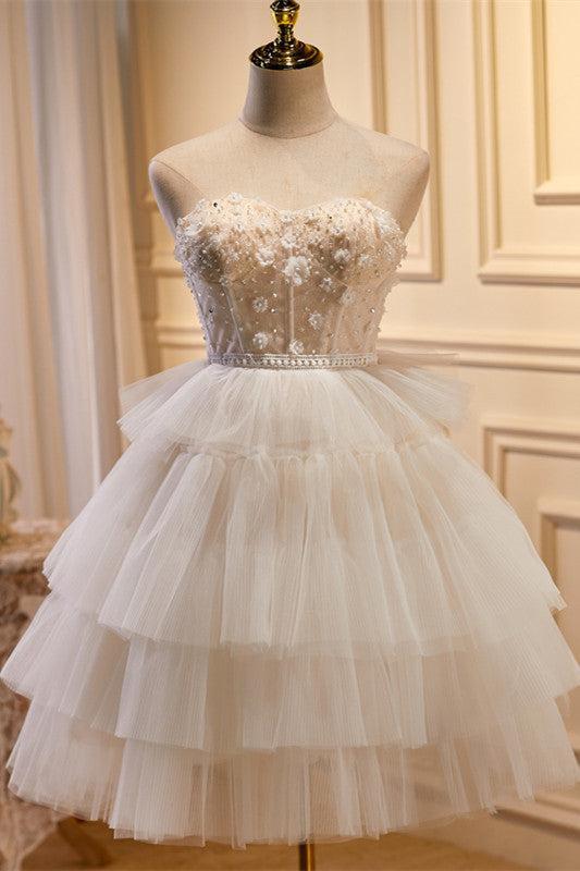 White Homecoming Dress Tulle 3D Floral Lace A Line Tiered Short Party Cocktail Dress