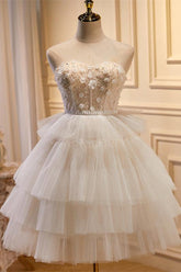 White Homecoming Dress Tulle 3D Floral Lace A Line Tiered Short Party Cocktail Dress