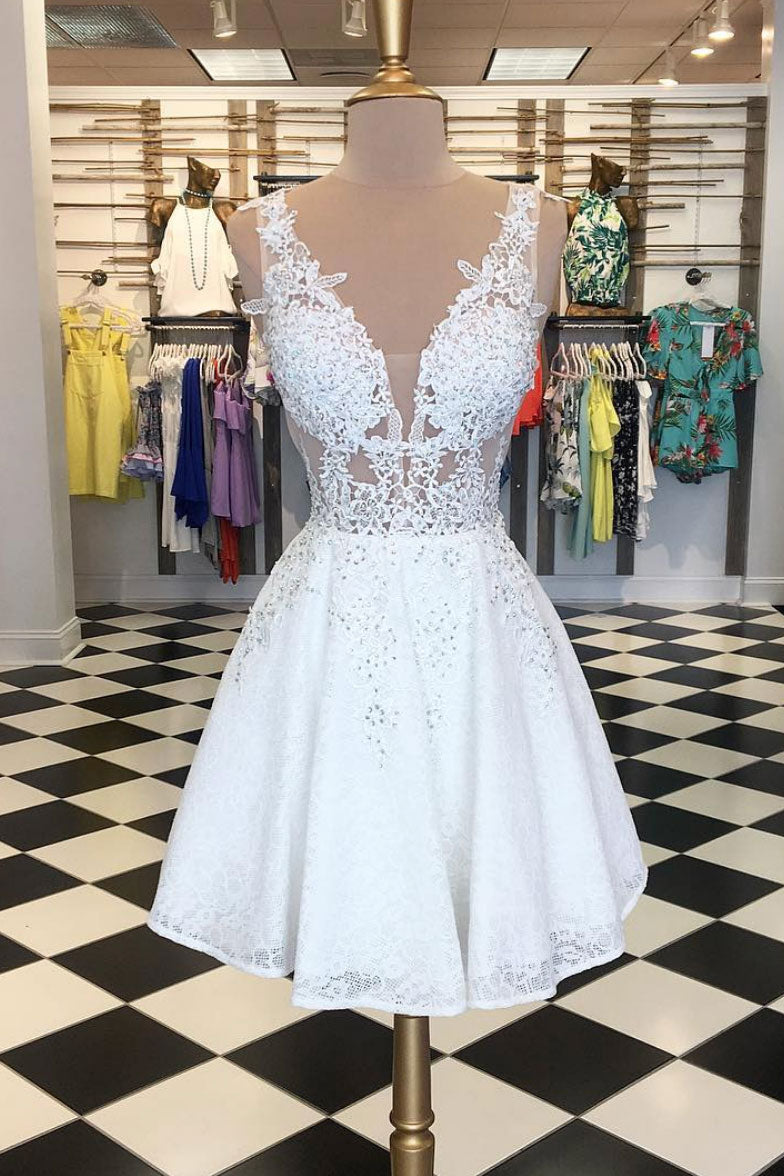 White Homecoming Dress V Neck Lace Short Party Cocktail Dress