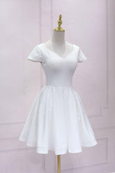 White Homecoming Dress V Neck Satin Lace Short Party Cocktail Dress