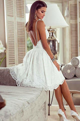 White Homecoming Dress V Neck Tulle Lace Short Party Cocktail Dress