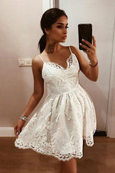 White Homecoming Dress V Neck Tulle Lace Short Party Cocktail Dress