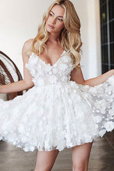 White Homecoming Dress V Neck Tulle Lace Short Party Cocktail Dress