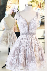 White Homecoming Dress V Neck Tulle Lace Short Party Cocktail Dress