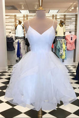 White Homecoming Dress V Neck Tulle Short Party Cocktail Dress