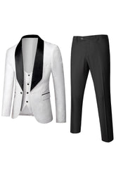 White Jacquard 3 Piece Shawl Lapel Men's Prom Suit Blazer Vest Pants