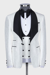 White Jacquard 3 Piece Wedding Suit with Black Shawl Lapel