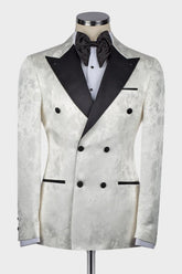 White Jacquard Double Breasted Wedding Men's Suit with Black Peaked Lapel
