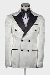White Jacquard Double Breasted Wedding Men's Suit with Black Peaked Lapel